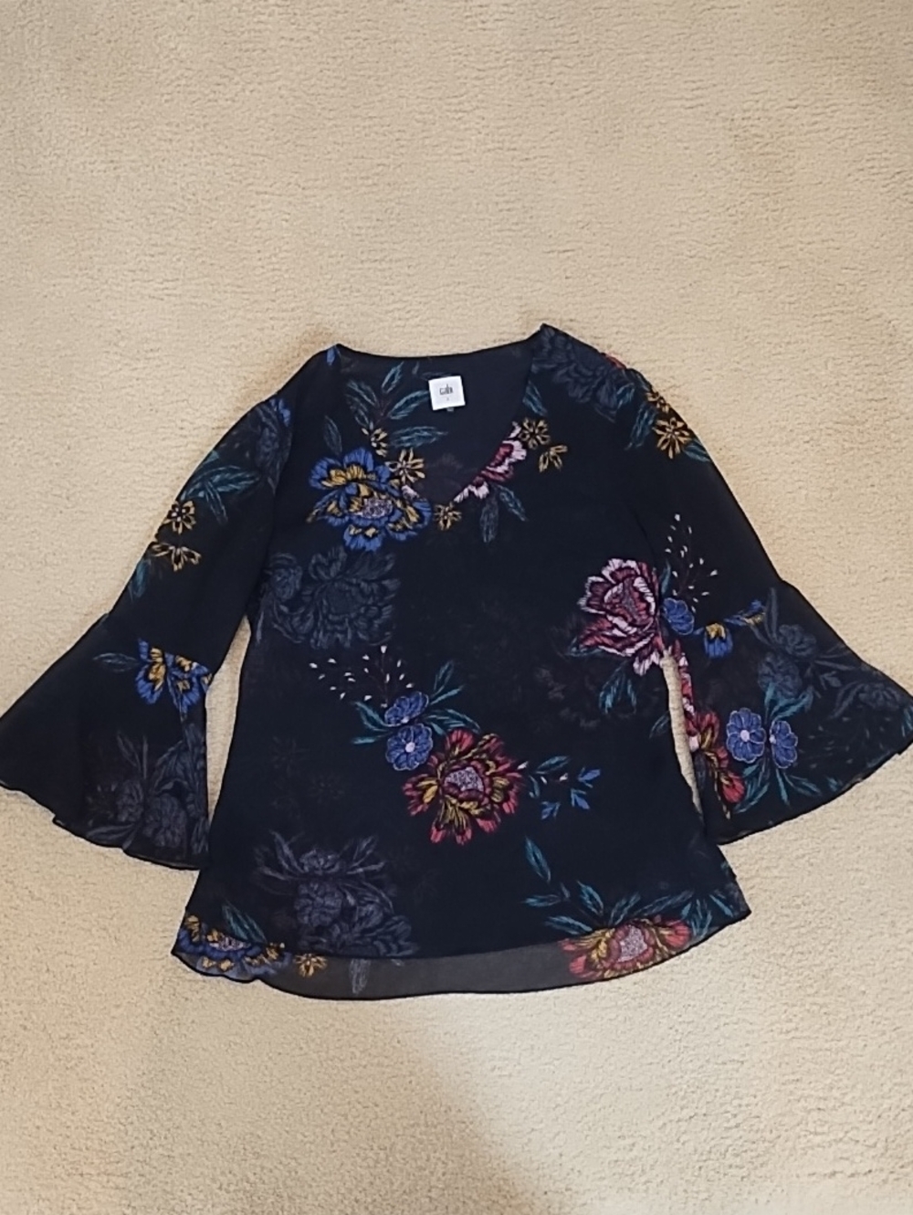 CAbi Navy Floral 3/4 Bell-Sleeve V-Neck Blouse Womens Small